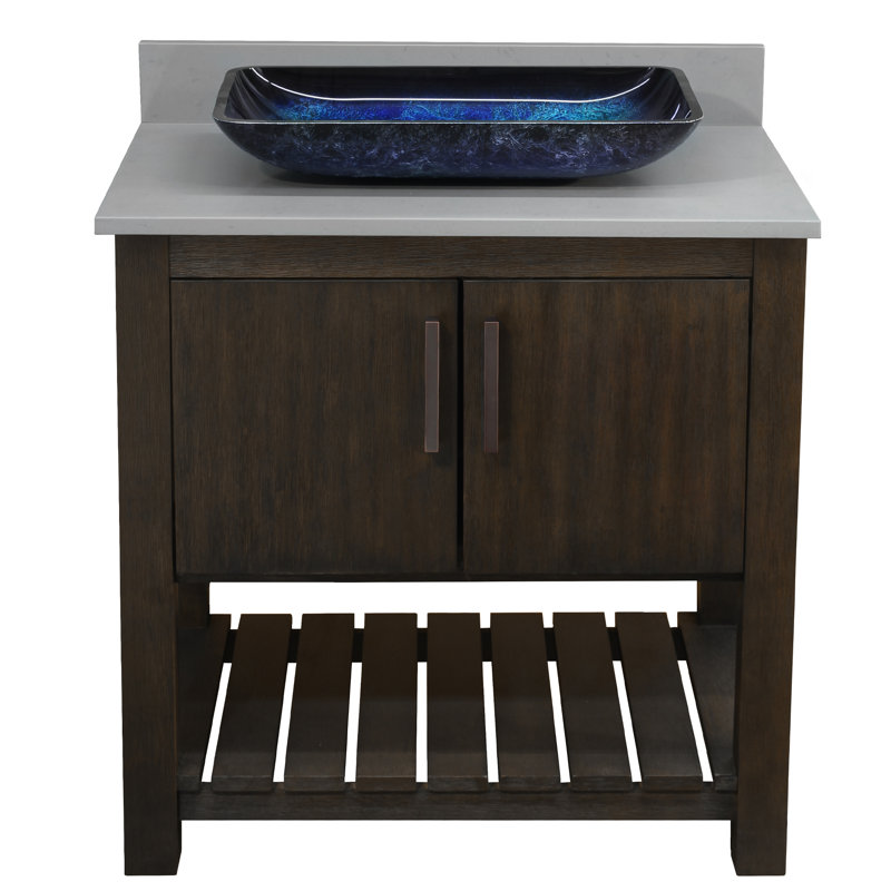 Meuble-lavabo de 30 po avec comptoir et lavabo en quartz gris orage, quincaillerie et miroir en bronze huilé, Gris tempête