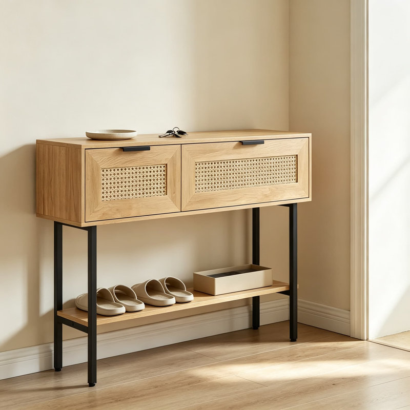 Console en rotin avec rangement, table d'appoint bohème pour entrée, en rotin PE avec placards et étagère ouverte, structure en acier au carbone, naturel
