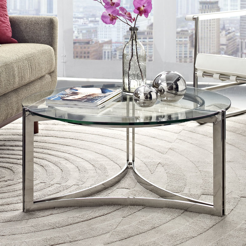 Elegant 31" Round Stainless Steel and Glass Coffee Table