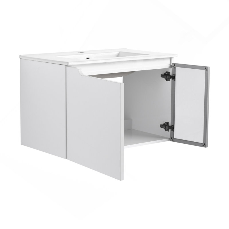 Meuble-lavabo mural 30 po avec lavabo en céramique, 2 portes à fermeture en douceur, meuble-lavabo blanc brillant et 1/2 porte en verre gris, contreplaqué