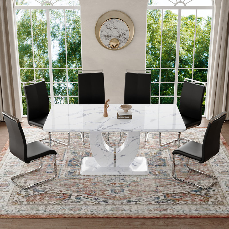 Dining Table Set, White Marble, 7 pieces, Black/Silver
