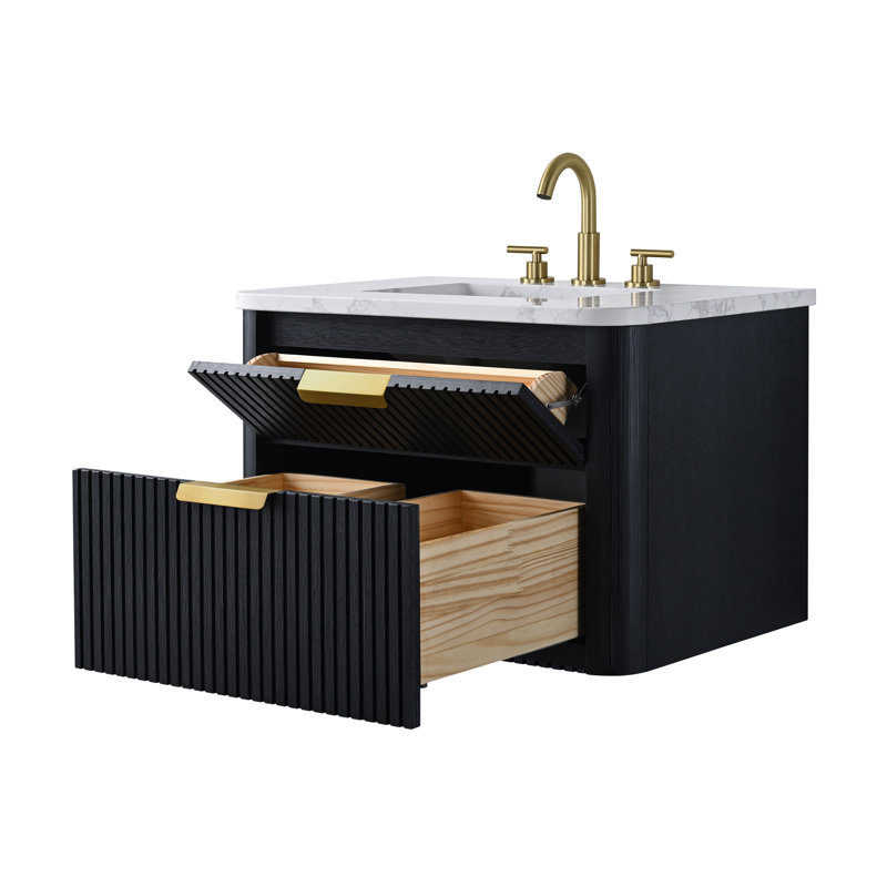 Ensemble de meuble-lavabo simple 30 po avec dessus en pierre reconstituée Liljan, Chêne noir