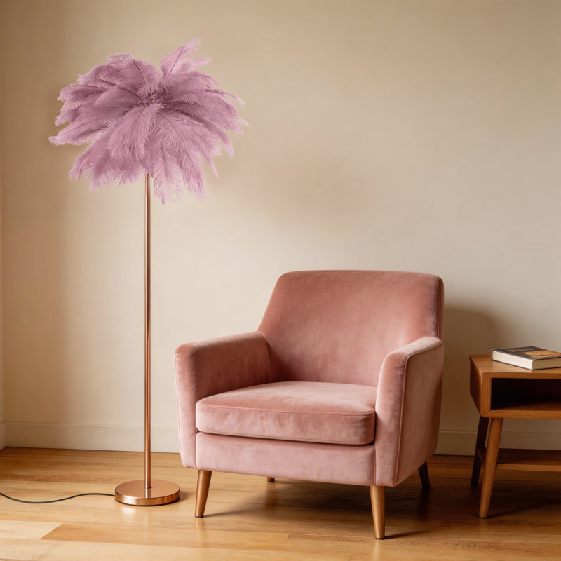 61'' LED Brass Feather Floor Lamp With Outlet, Cameo Brown