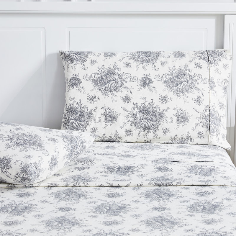 Toile Flannel Sheet Set, King Sheet Set with 2 Pillowcases, Gray