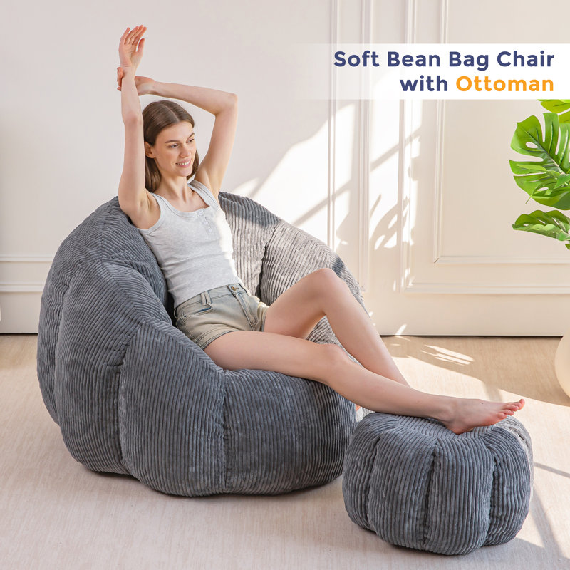 Fauteuil à billes en velours côtelé avec repose-pieds Giant, Gris