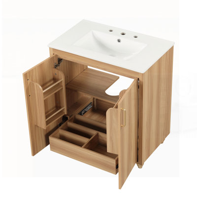 Meuble-lavabo avec lavabo, armoire de rangement multifonctionnelle, panneau de fibres à densité moyenne, idéal pour les salles de bain modernes et compactes.