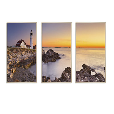Phare de Portland, Maine - 3 pièces, cadre photo flottant sur toile