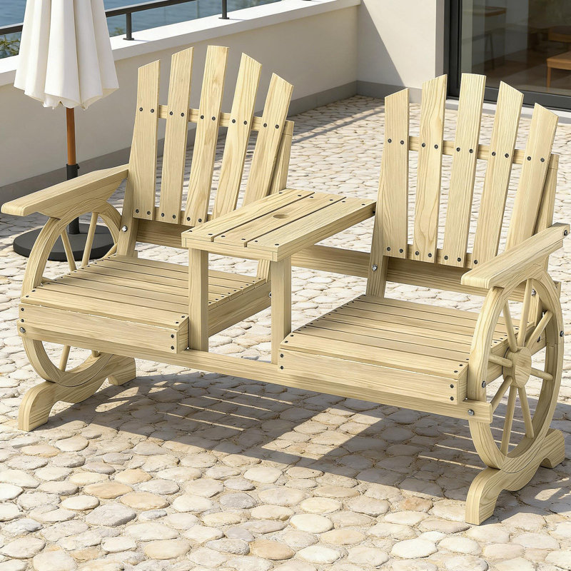 Banc de jardin en bois à haut dossier et banc de patio 2 places, Bois naturel