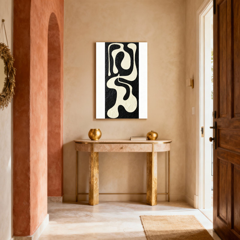 Ensemble de 1 tableau sur toile tendue, formes fluides abstraites en noir et blanc, H 18 po x l 12 po