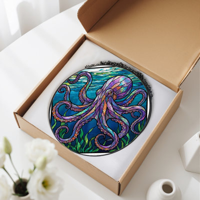 7.8"H Octopus Ocean Stained Glass Window Panel