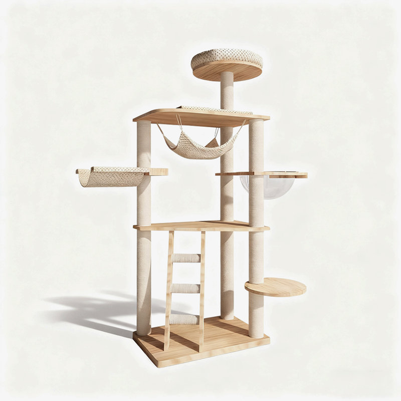 61-inch beige multi-layer solid rubberwood cat climbing frame
