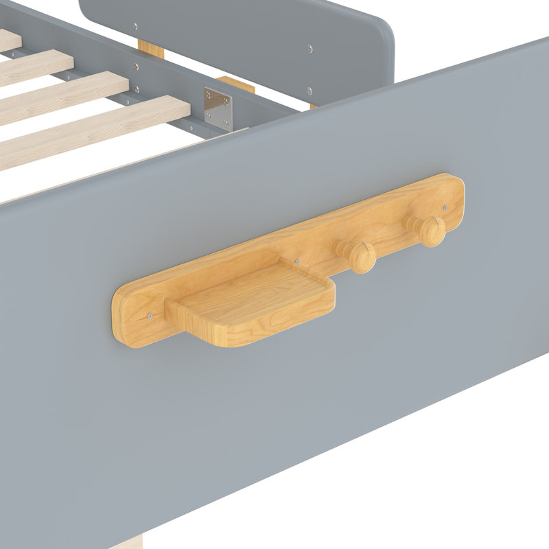 Lit plateforme avec tiroirs de rangement, structure de lit en bois massif avec garde-corps, Gris, Lit double