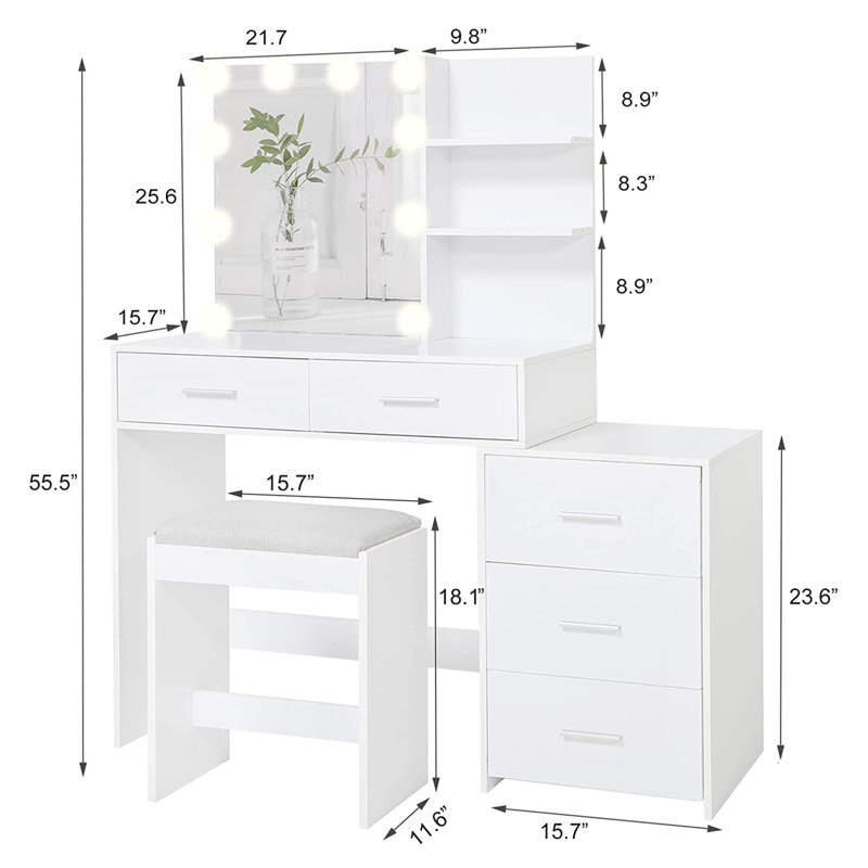 Ensemble de coiffeuse noire avec tabouret et miroir Malissia, Blanc