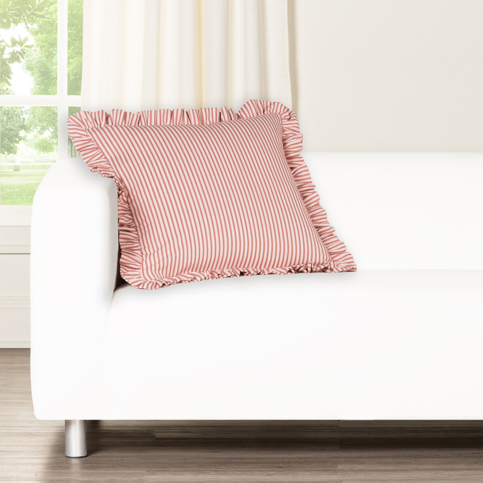 Birch Lane Polo Stripe Ruffled Accent Pillow, Feather, Red