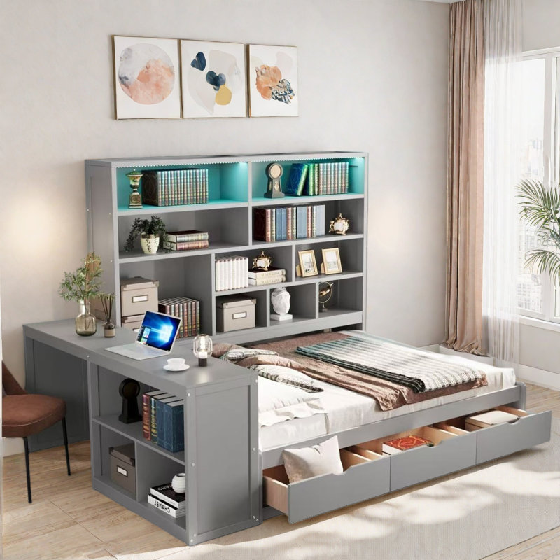 Wooden Daybed With 3 Drawers, Desk, Open Shelves, Lights And Charging Station, Gray