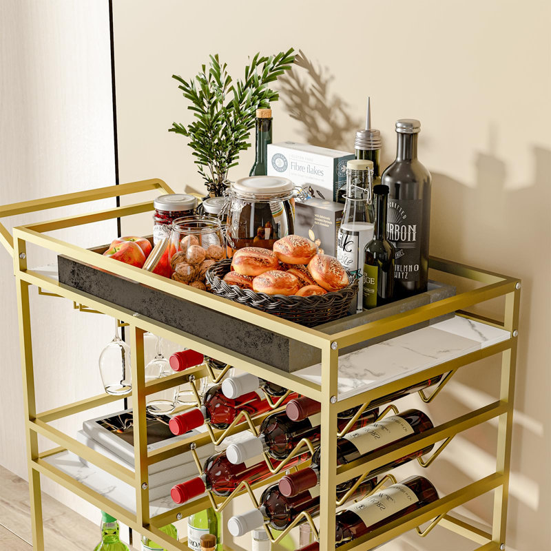 Stamatina 3-Tier Metal Bar Cart with Wine Rack and Glass Storage, Gold