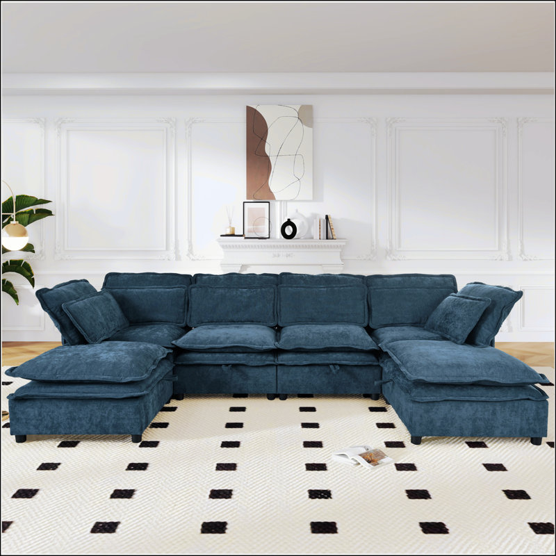 Double-Layer Cushion Modern Large U-Shaped Modular Sofa, Dark Blue Polyester