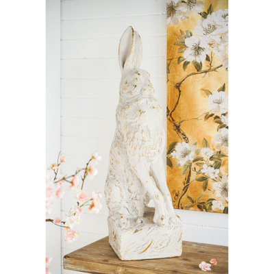 10.2x9.1x29.9" Large Magnesium Sitting Rabbit Figurine with Antique White Finish and Pedestal Base