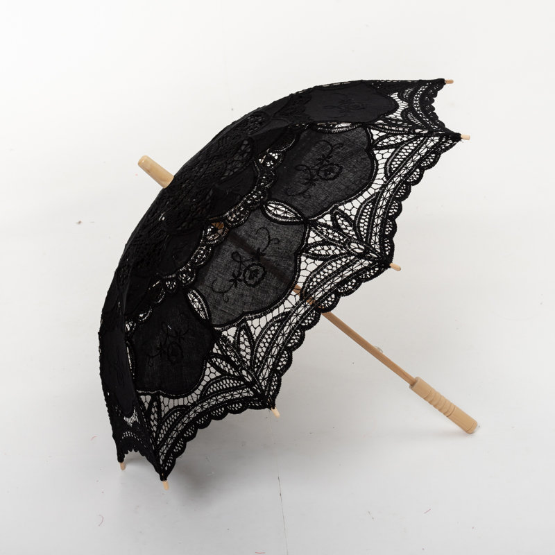 Parasol en dentelle avec poignée en bois, Noir