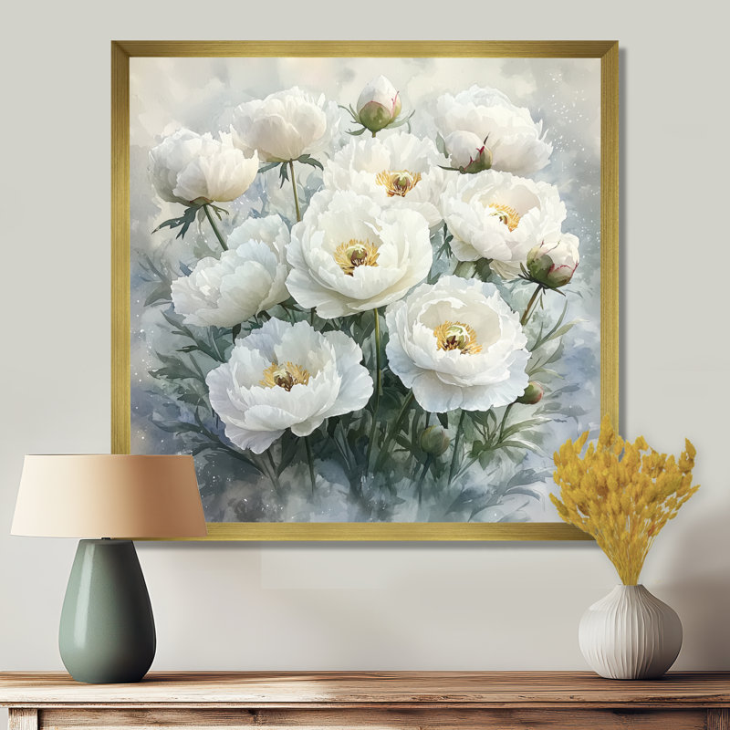 Hiver, matin, pivoines, étreinte - pivoines, art mural, H 16 po x l 16 po, Doré, Picture Framed