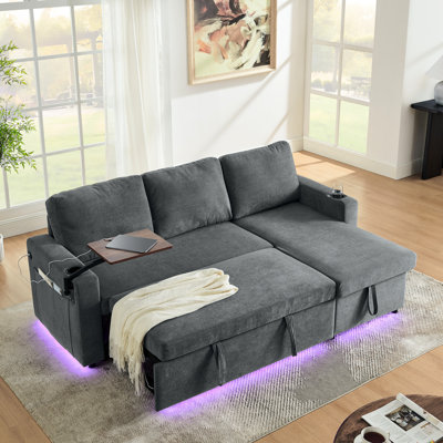 Lit de luxe en chenille 3 gris avec lit escamotable, éclairage d'appoint à DEL et table rétractable contemporaine à 3 fonctions, table, éclairage