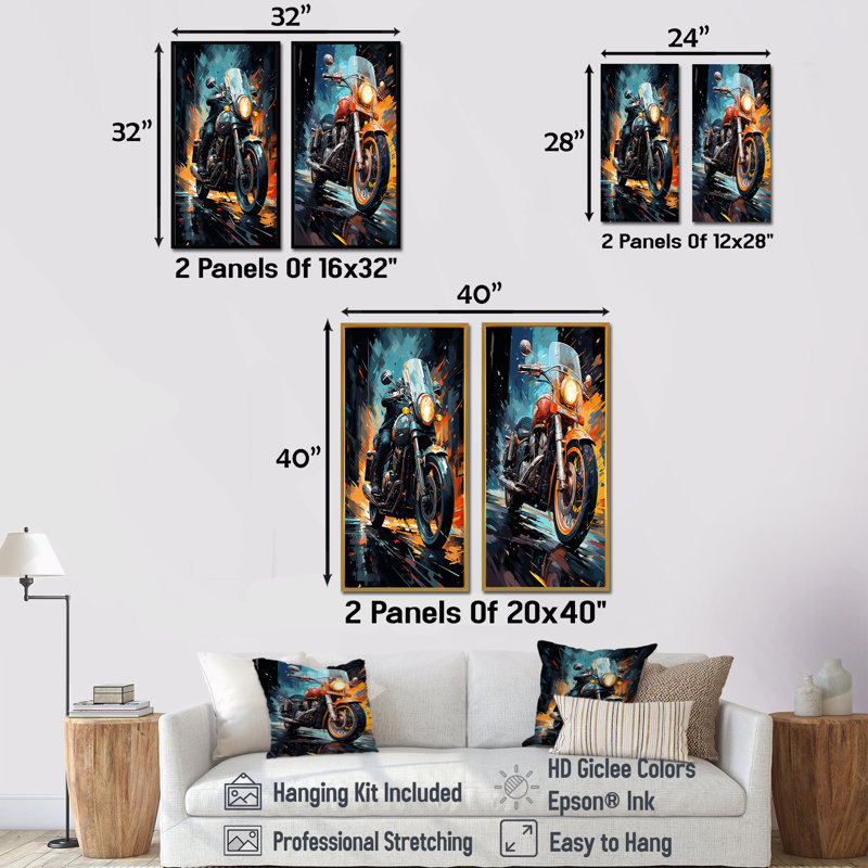 Classic Lavish Motor Bike - ensemble d'art mural sur toile 2 pièces, Cadre noir, H 40 po x l 41 po