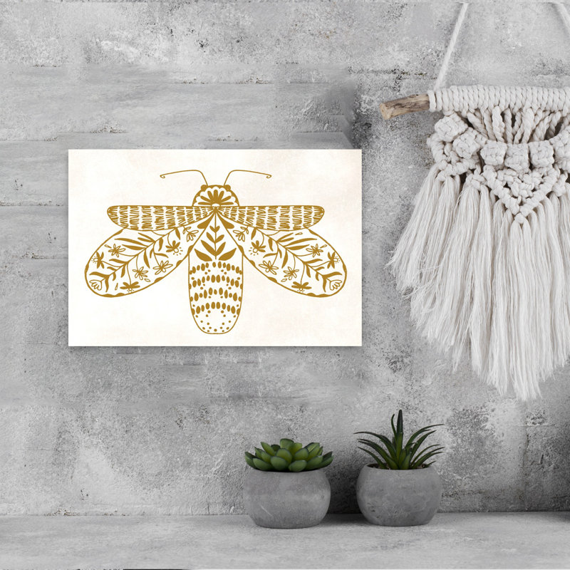 Golden Folk Moth Bee Moth Flower Nature Wall Art Print 1 Piece Wrapped Canvas Wall Art, 30.48cm H x 45.72cm W