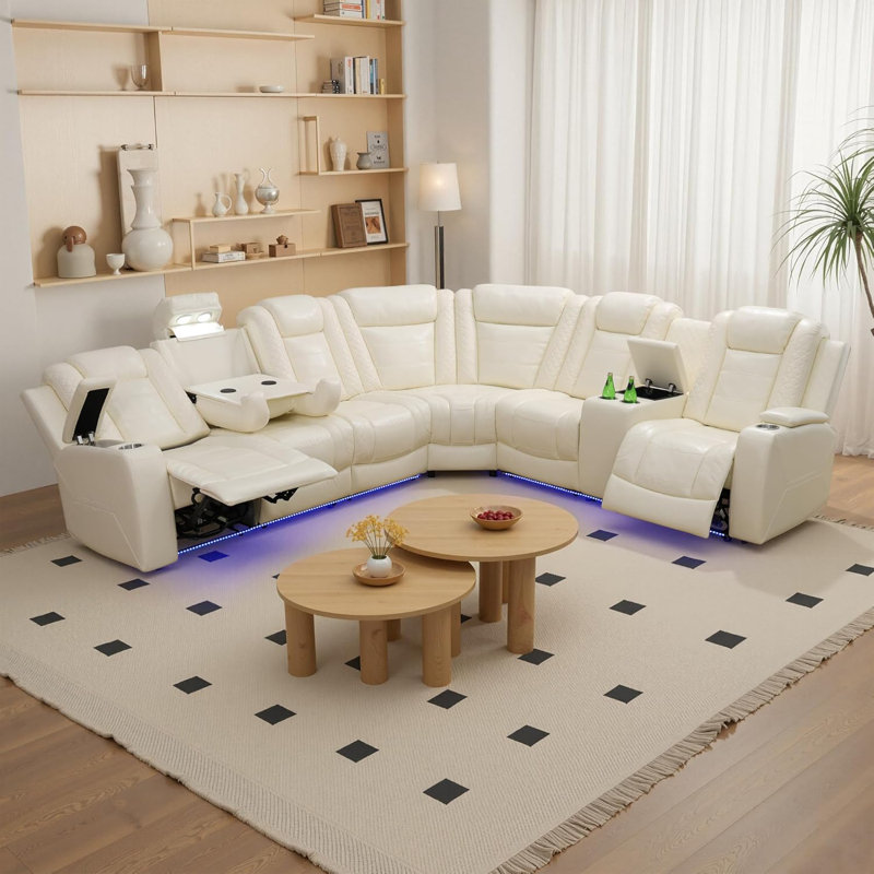 Ensemble de canapé modulaire inclinable électrique en cuir 3 pièces, Similicuir crème, H 41 po x l 110 po x P 100 po