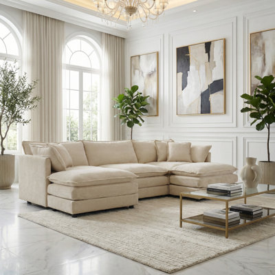 Beige Upholstered Chenille 5-Piece Modular Sectional Sofa With 2 Ottomans – U-Shaped 3-Seat Couch For Living Room