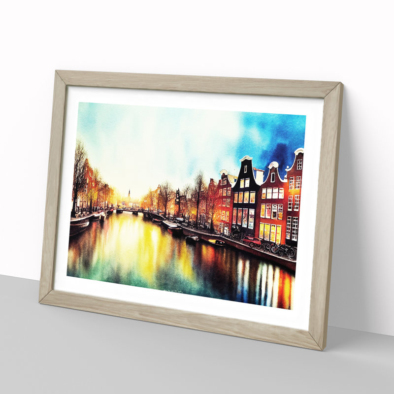 Amsterdam Canal Watercolour Vol.2 - Single Picture Frame Print, 46cm H x 64cm W x 2cm D, Oak