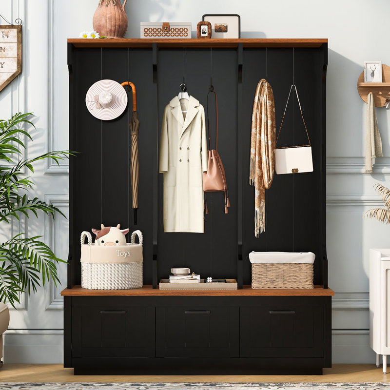Porte-manteau Hearthwood de 59 po avec banc, tiroirs et porte-manteau pour entrée, Noir