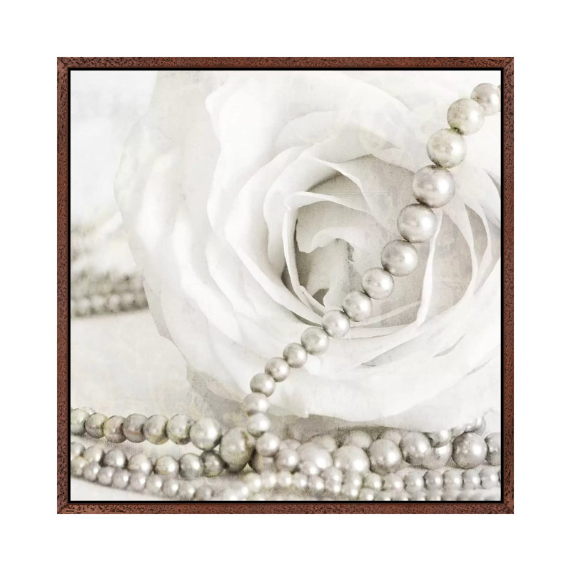 White Rose with Pearls 1 Piece Wall Art on Canvas, 45.72 cm H x 45.72 cm W, Classic Brown Wood Framed