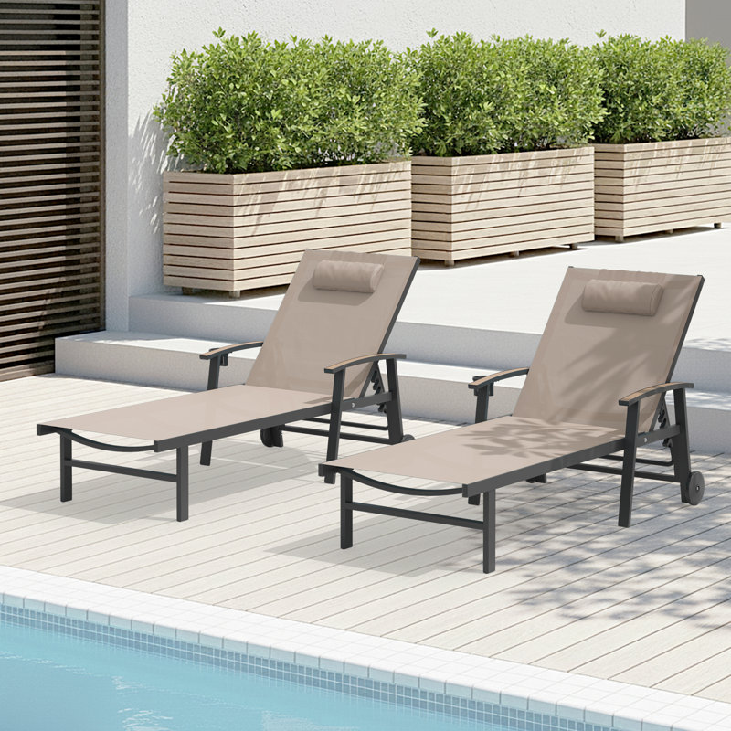 Outdoor Patio Chaise Lounge Set Of 2 With Wheels And Armrests, Khaki