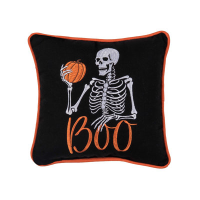 Boo Skeleton and Pumpkin Embroidered Halloween Throw Pillow 10" x 10"