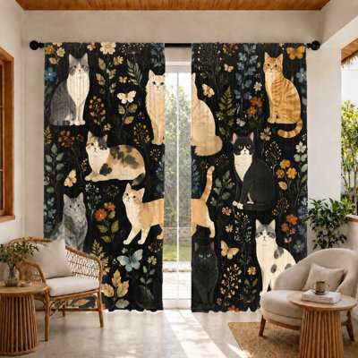 2Pcs Cute Cats with Flowers and Butterflies print curtains, light filtering fabric, artistic animal themed design, sunshade privacy protection, rod-pocket, suitable for living room, bedroom, teen's home decoration