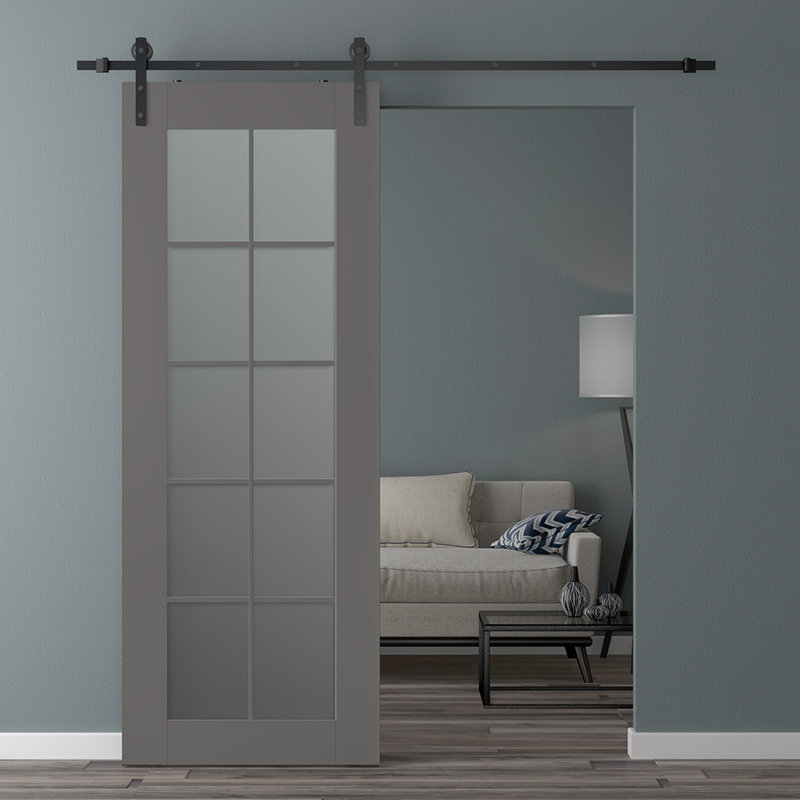 Porte de grange à panneaux en bois manufacturé et en verre massif 10 Lite Avon avec quincaillerie d'installation, Noir
