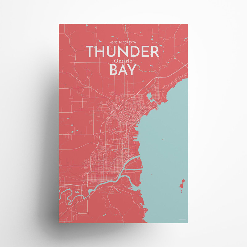 Thunder Bay City Map, impression, H 17 po x l 11 po, Rose / bleu pastel