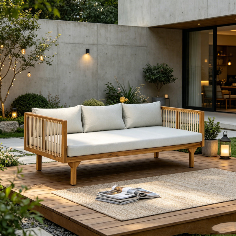 Outdoor Patio Sofa with Cushion, Light Gray+Teak