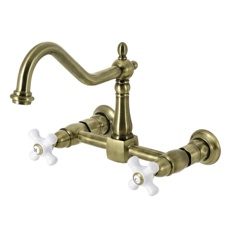 Kingston Brass Heritage Double-Handle 2-Hole Wall-Mount Bridge Kitchen Faucet, Vintage Brass/Trim White