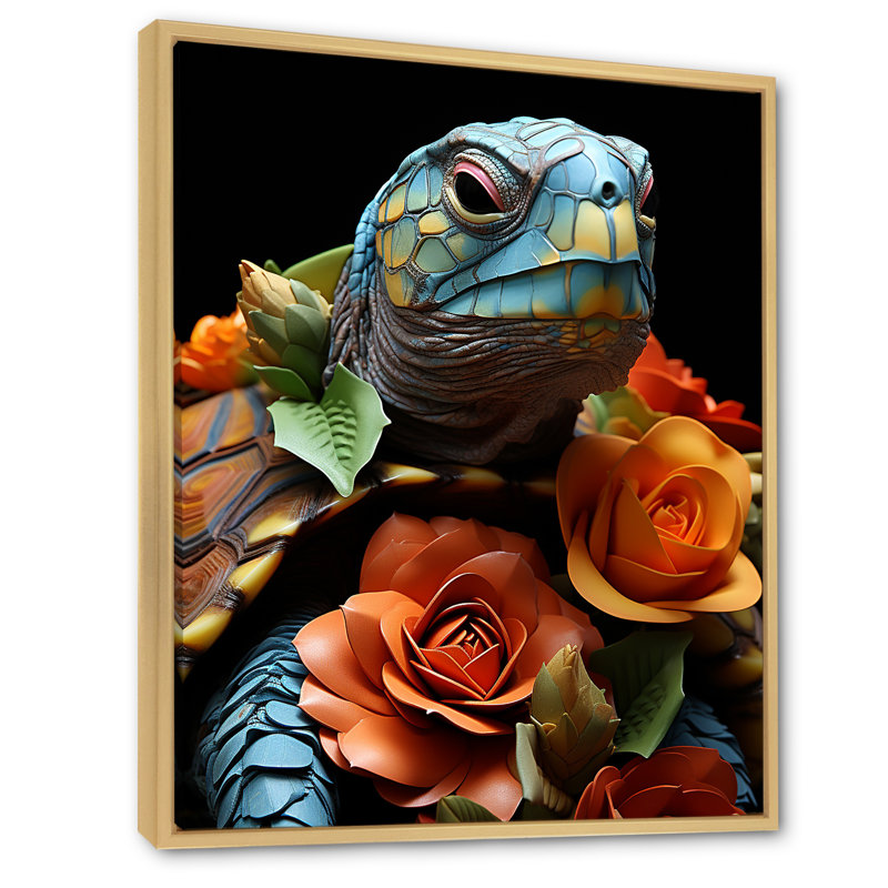 Fleurs florales de tortue de port - art mural animaux côtiers, Cadre flottant brun, 40" H x 30" W