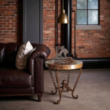 24" Round Natural Hand-hammered Copper Top Side Table: Rustic Wrought Iron Base