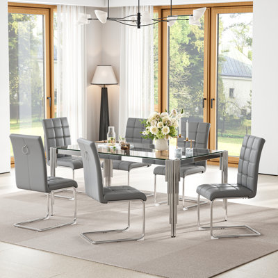65" Glass Dining Set Of 7, Modern Rectangular Tempered Glass Table With Irregular Round Stainless Steel Legs, And 6 Cantilever PU Leather Upholstered Dining Chairs