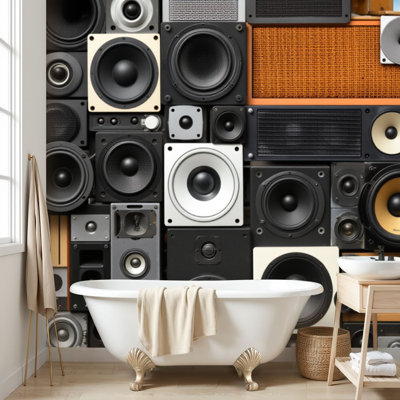 Papier peint adhésif mural rétro style musique rétro haut-parleurs auto-adhésifs, papier contact amovible pour salon, chambre à coucher H 69 po x l 96 po