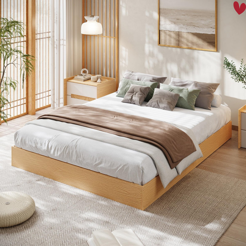 Wood Platform Bed w/ Sturdy Wooden Slats, Floor-Standing Bed Frame, Modern Minimalist Design Space-Saving Bed Frame, No Box Spring Needed