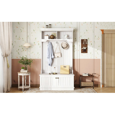 Hall Tree with Storage Shoe Bench for Entryway and Hallway, 4-in-1 Design Coat Racks with Hooks for Living Room, White