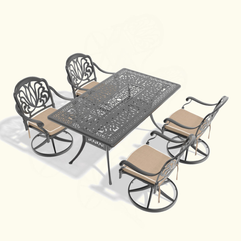 All-Weather Cast Aluminum Dining Set, Include Swivel Chairs And Rectangular Table With Black Frame, 4