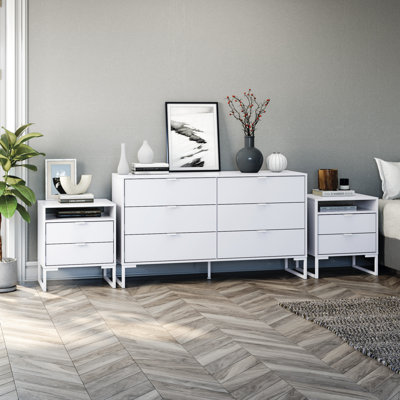 Ensemble de chambre à coucher moderne 3 pièces avec commode à 6 tiroirs et deux tables de chevet l 57 po Neptunia