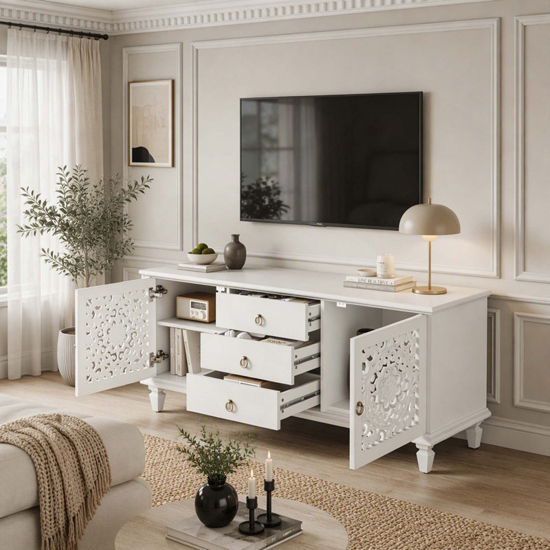 Meuble télé de style campagnard vintage avec portes sculptées, tiroirs et étagères réglables, Blanc