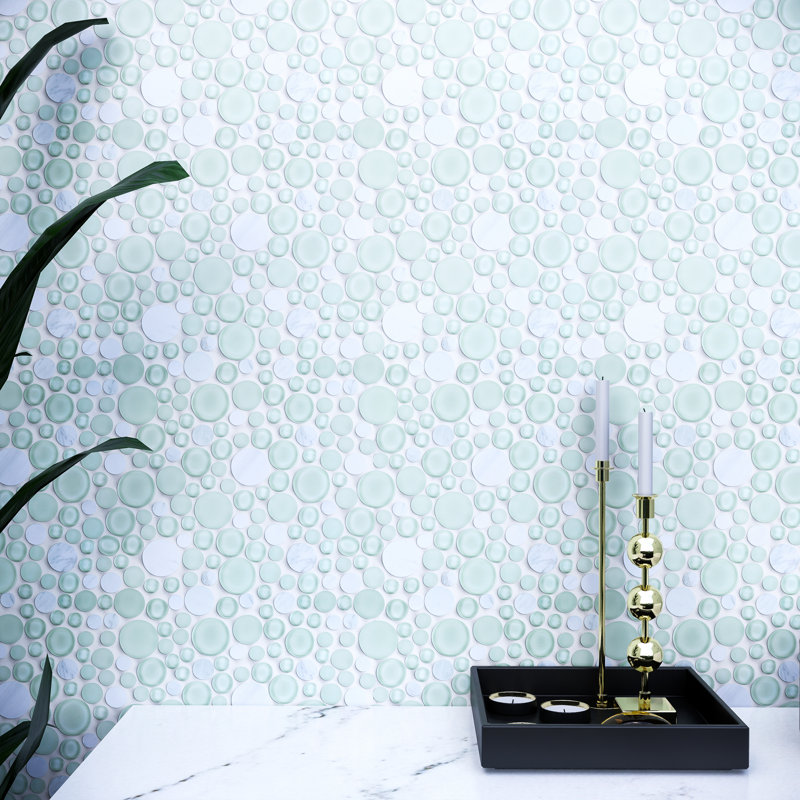 10.5" x 10.5" Bubble Art Random Marble Look Mosaic Wall Tile, Mint Green