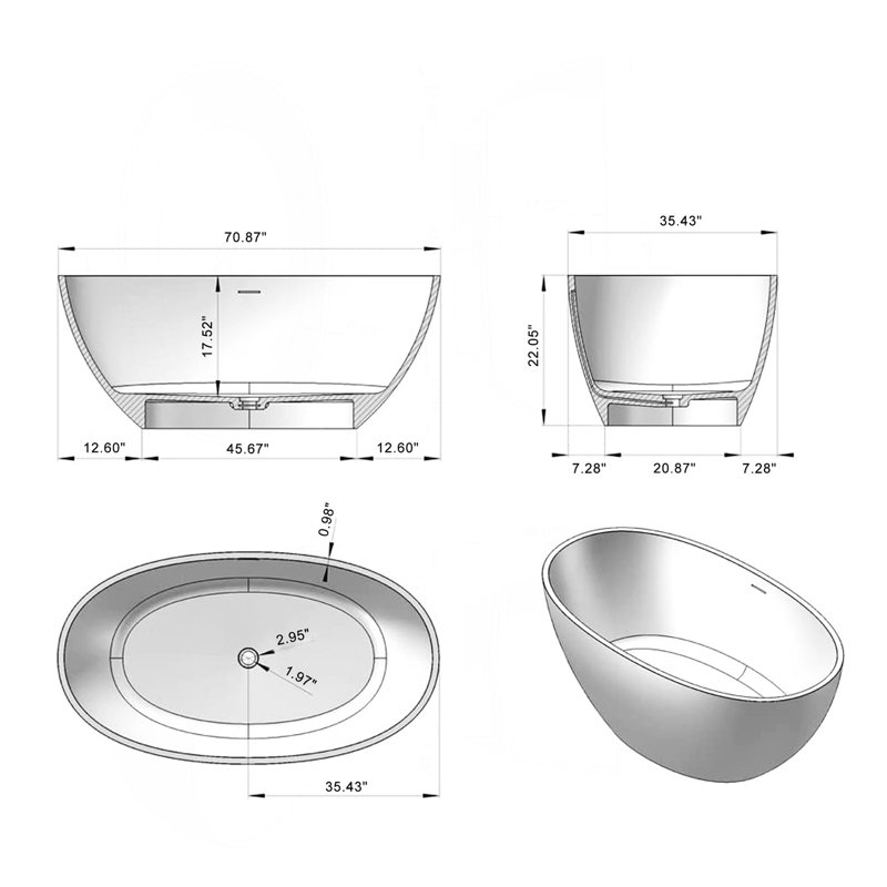 Baignoire de trempage autoportante de 71 pouces à surface solide blanc mat 25S01-18PS